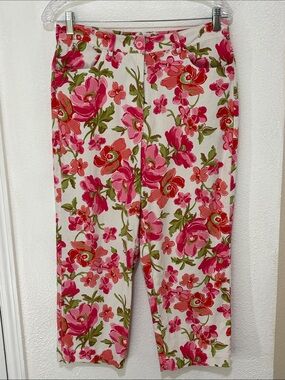 Talbots Pink Green Floral Stretch Cotton Blend Capri Pants Sz 8 Beltloops